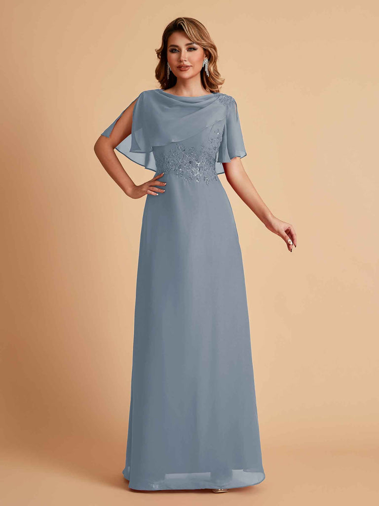 Robes de mère de la mariée en mousseline de soie manches mi-longues et bijoux