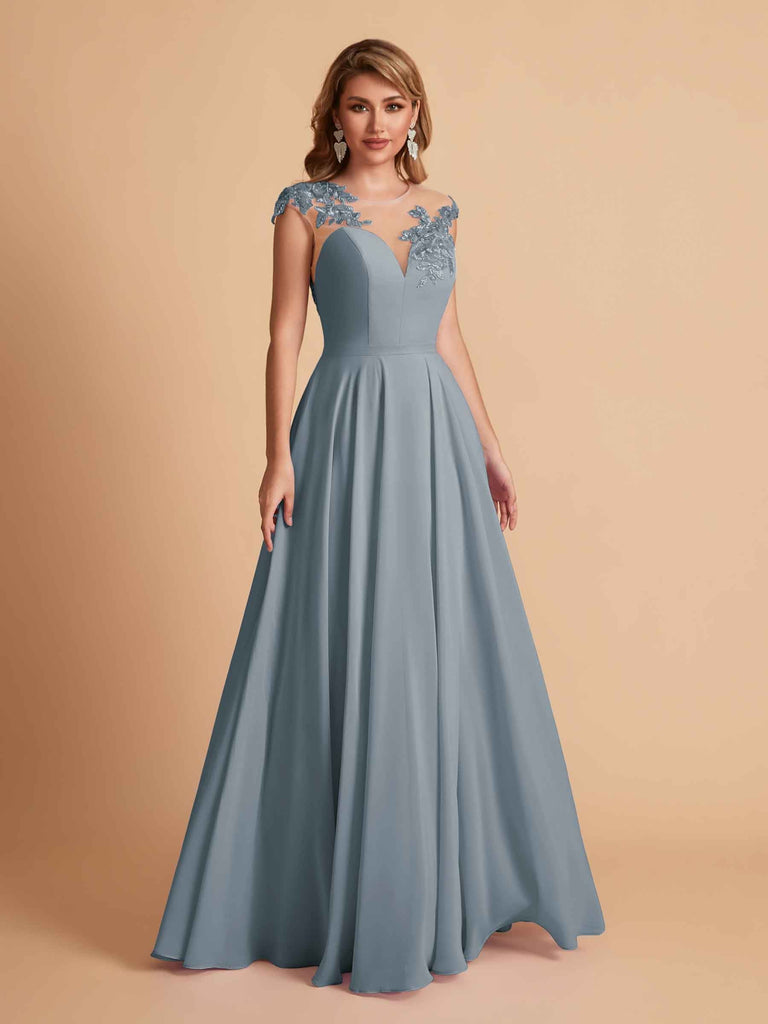 robes d'invitées de mariage en mousseline haut en dentelle illusion col en V
