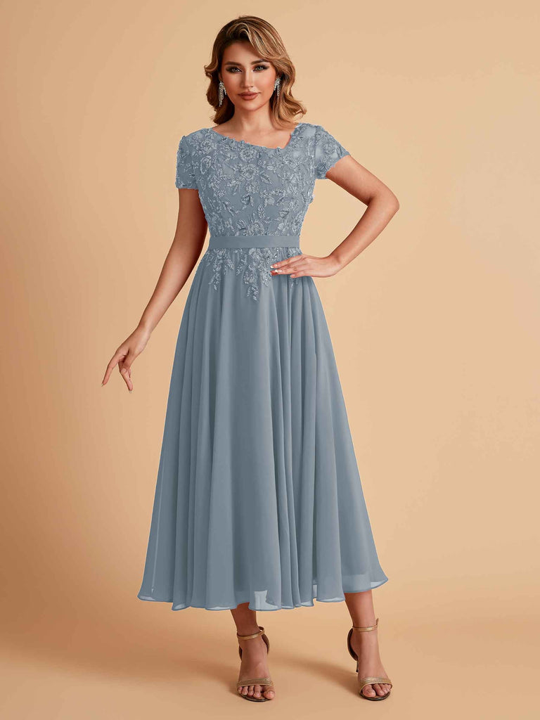 Robes de mère de la mariée coupe trapèze en mousseline à manches courtes