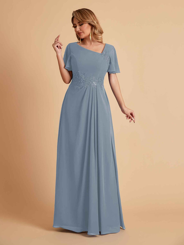 Robes de mère de la mariée élégantes coupe trapèze manches courtes et col en V