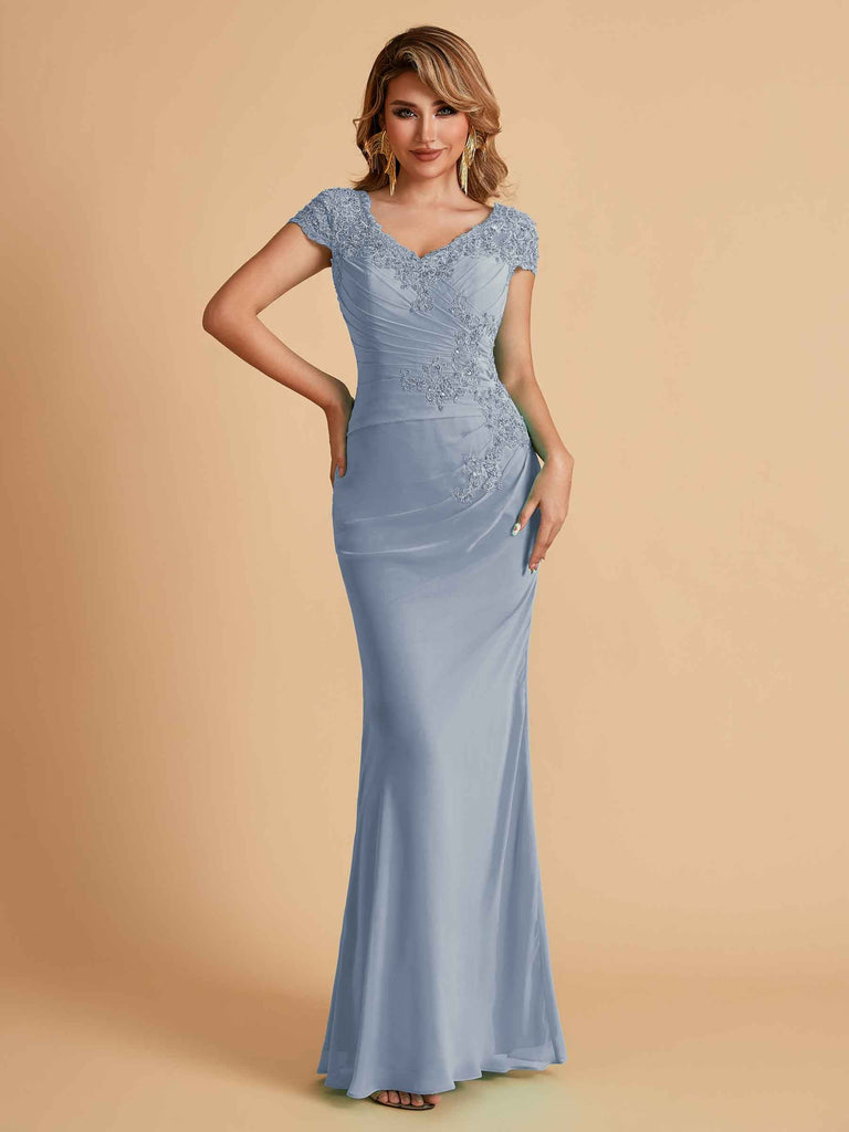 Robe de mère de la mariée col en V élégante en mousseline manches courtes