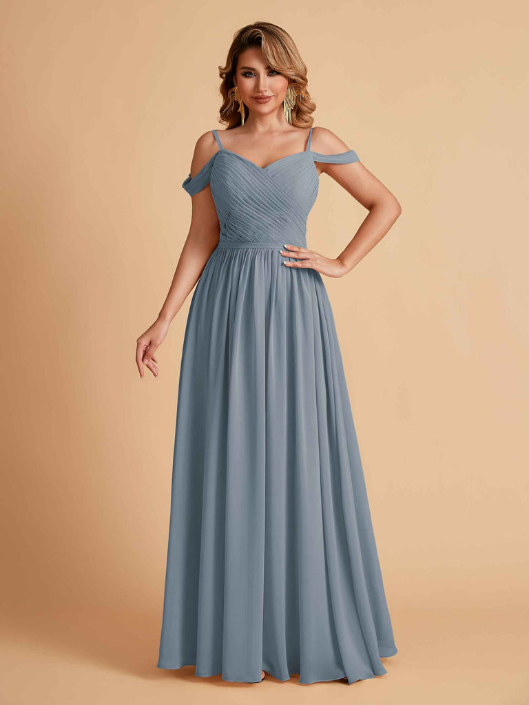 Robe élégante en mousseline trapèze épaules dénudées col en V