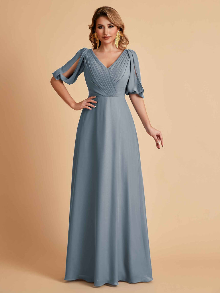 Robes de mère de la mariée élégantes en mousseline de soie manches mi-longues et col en V