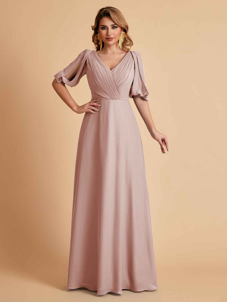 Robes de mère de la mariée élégantes en mousseline de soie manches mi-longues et col en V