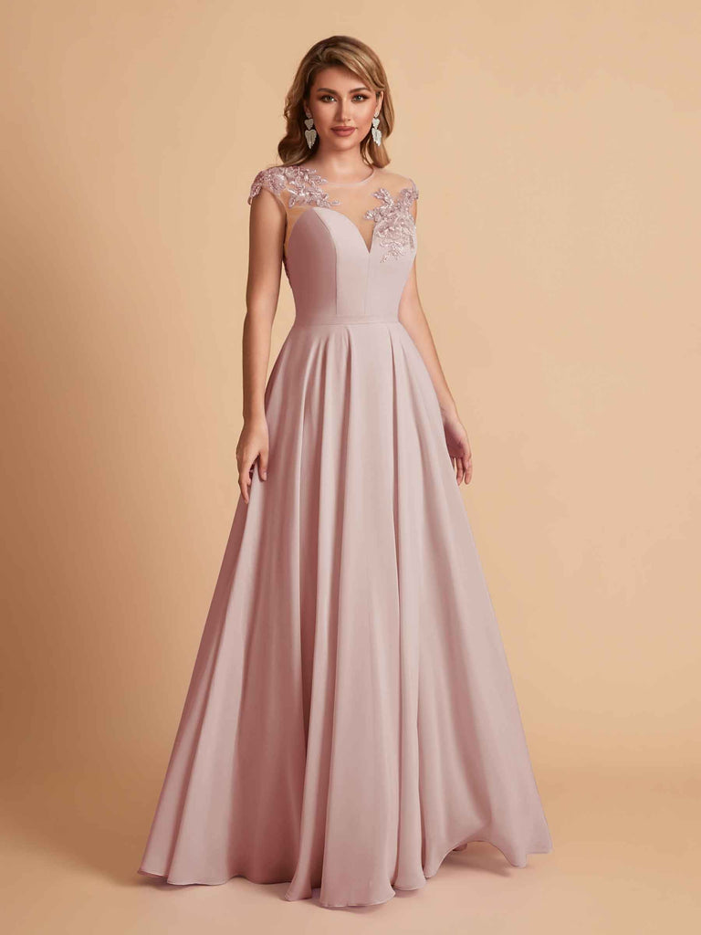 robes d'invitées de mariage en mousseline haut en dentelle illusion col en V