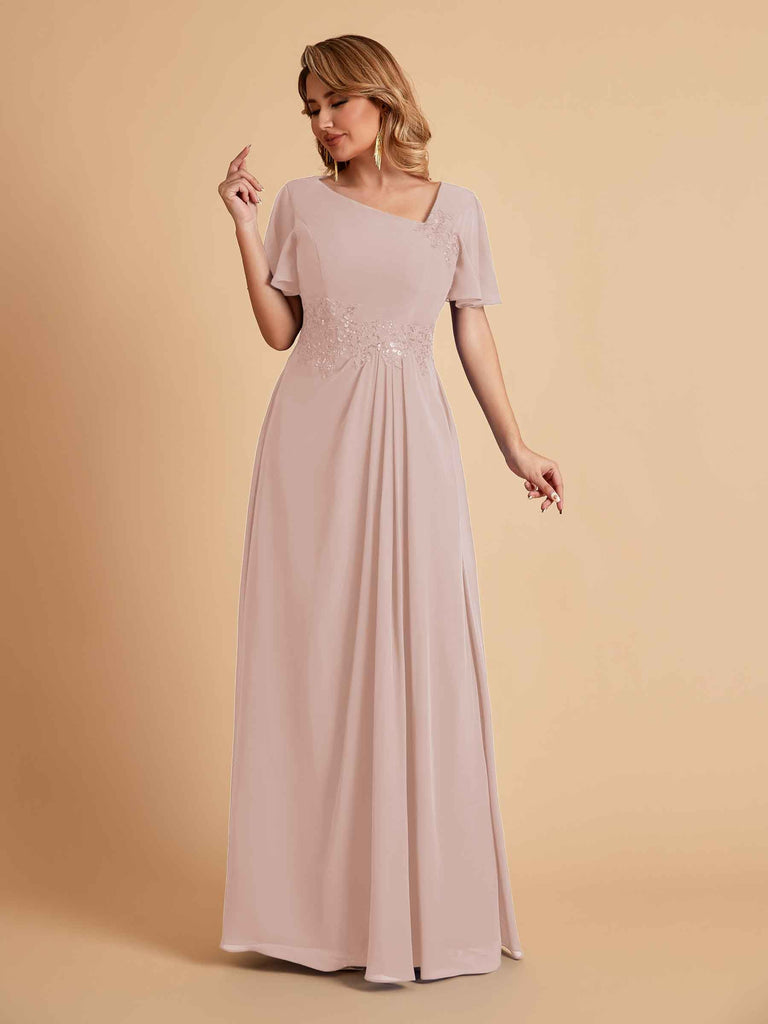 Robes de mère de la mariée élégantes coupe trapèze manches courtes et col en V