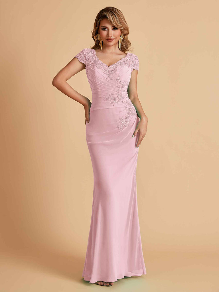 Robe de mère de la mariée col en V élégante en mousseline manches courtes