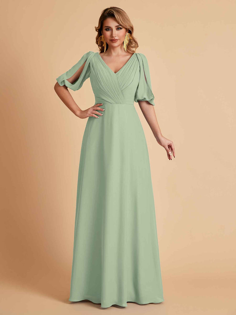 Robes de mère de la mariée élégantes en mousseline de soie manches mi-longues et col en V