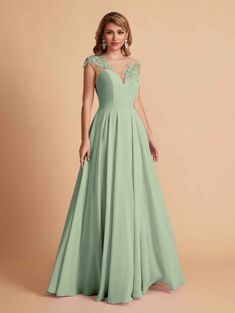 robes d'invitées de mariage en mousseline haut en dentelle illusion col en V