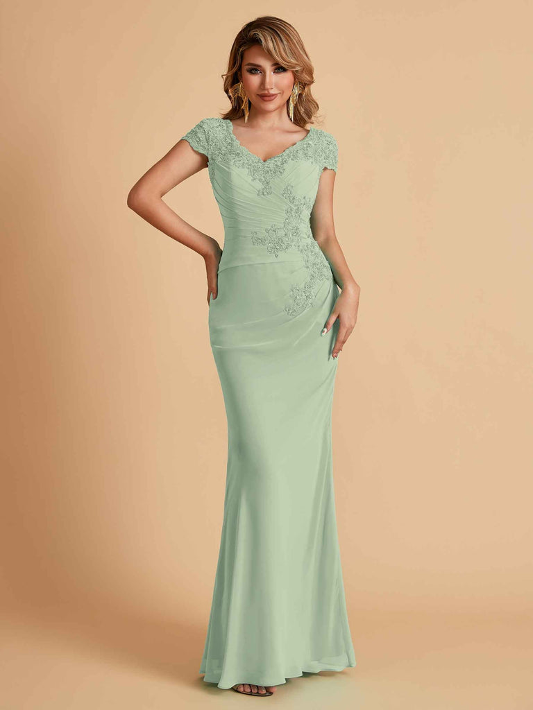 Robe de mère de la mariée col en V élégante en mousseline manches courtes