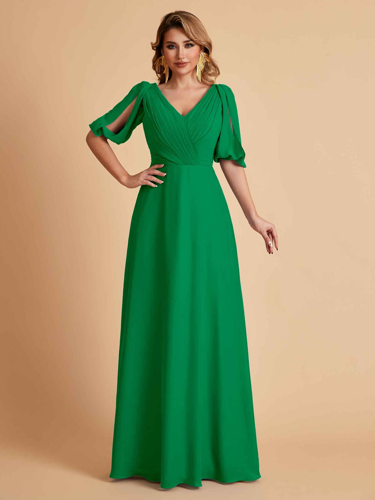 Robes de mère de la mariée élégantes en mousseline de soie manches mi-longues et col en V