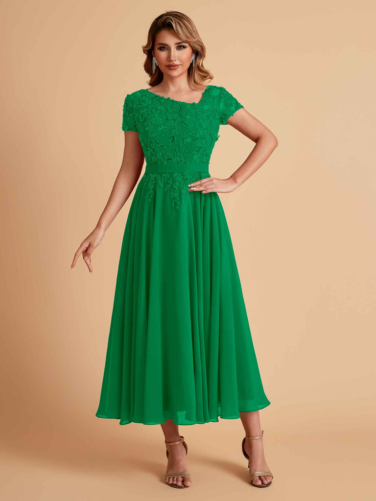 Robes de mère de la mariée coupe trapèze en mousseline à manches courtes