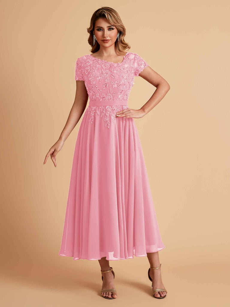 Robes de mère de la mariée coupe trapèze en mousseline à manches courtes