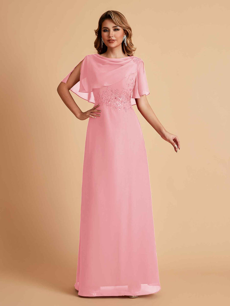 Robes de mère de la mariée en mousseline de soie manches mi-longues et bijoux