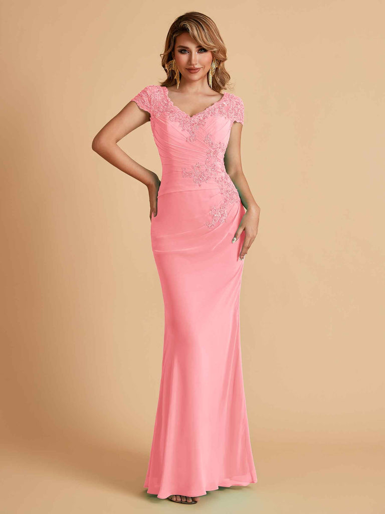 Robe de mère de la mariée col en V élégante en mousseline manches courtes