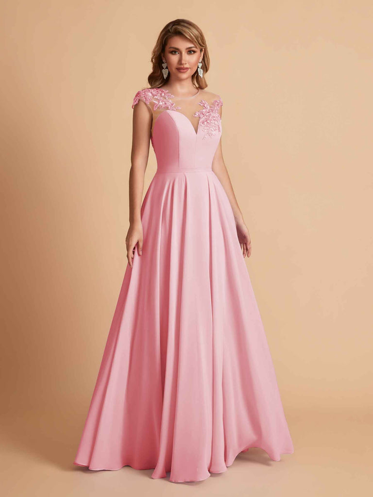 robes d'invitées de mariage en mousseline haut en dentelle illusion col en V