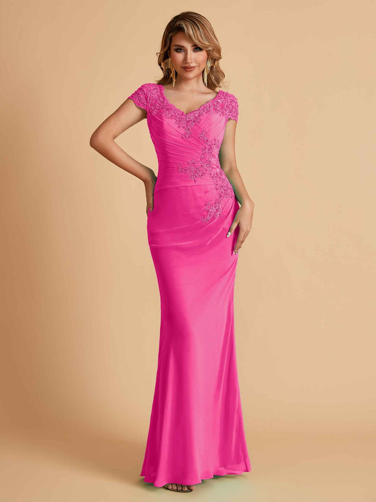 Robe de mère de la mariée col en V élégante en mousseline manches courtes