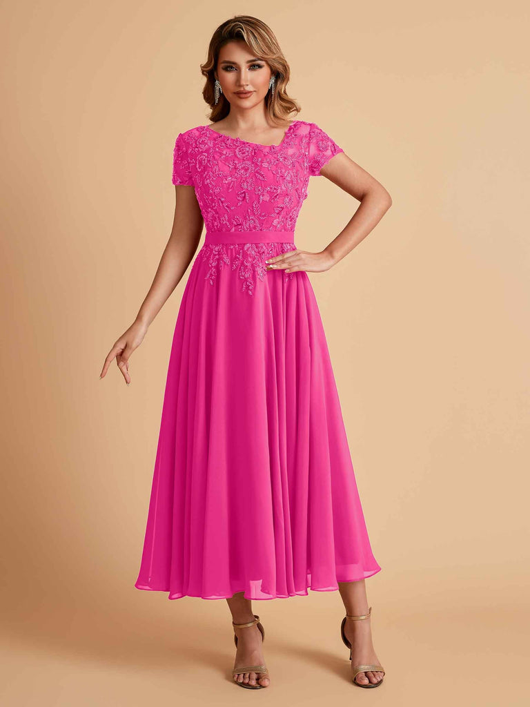 Robes de mère de la mariée coupe trapèze en mousseline à manches courtes