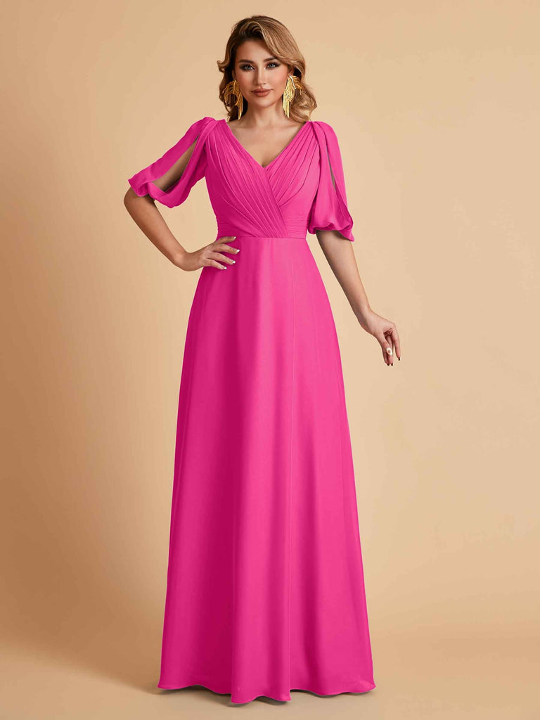 Robes de mère de la mariée élégantes en mousseline de soie manches mi-longues et col en V