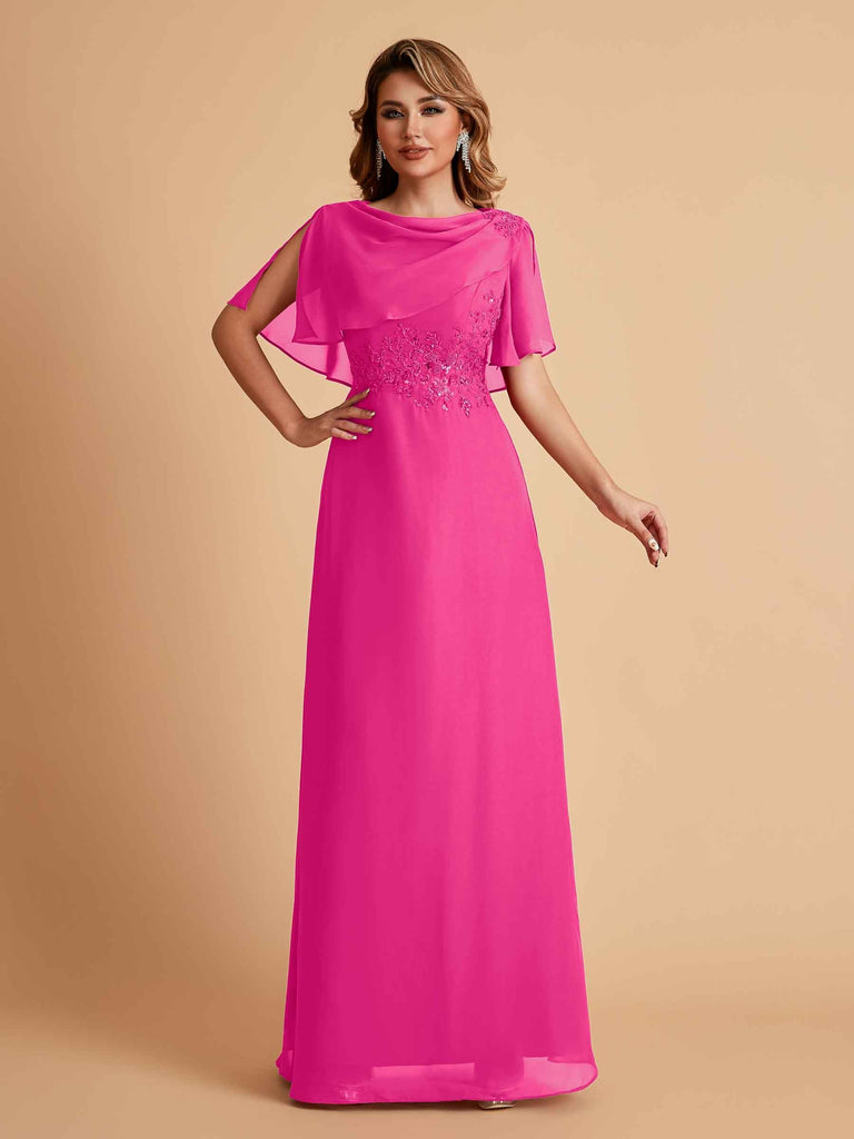 Robes de mère de la mariée en mousseline de soie manches mi-longues et bijoux