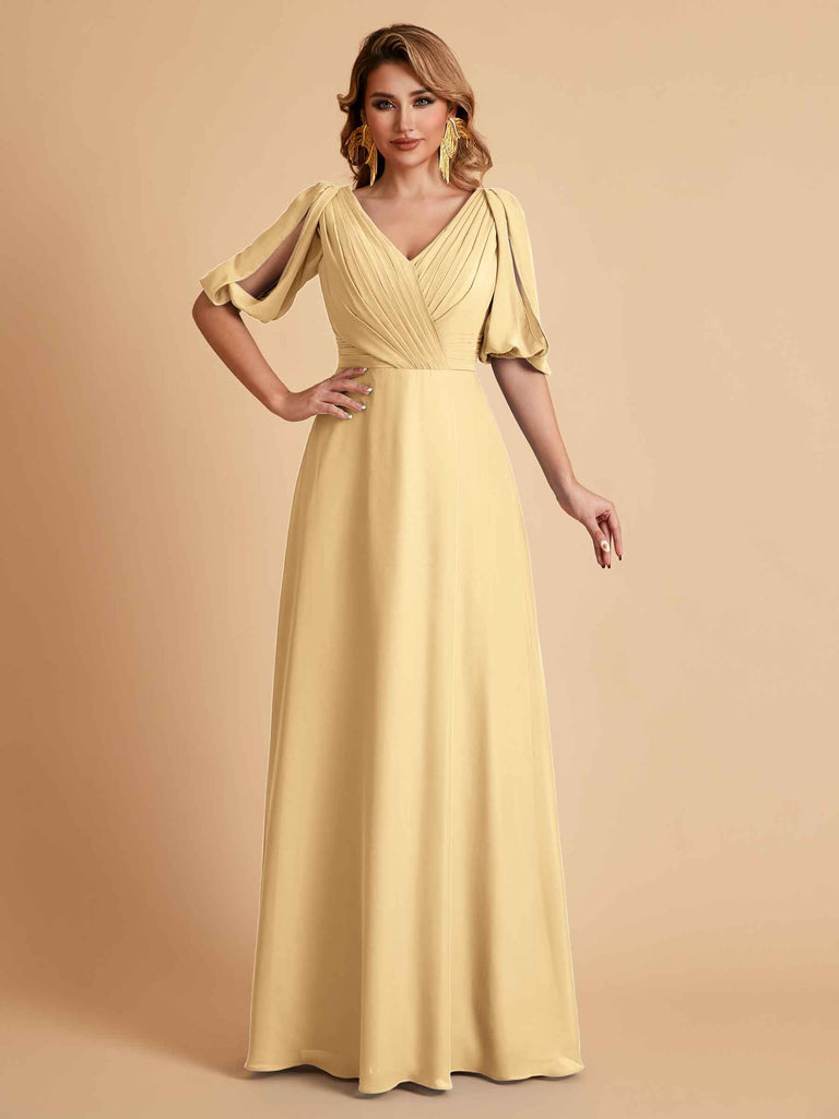 Robes de mère de la mariée élégantes en mousseline de soie manches mi-longues et col en V