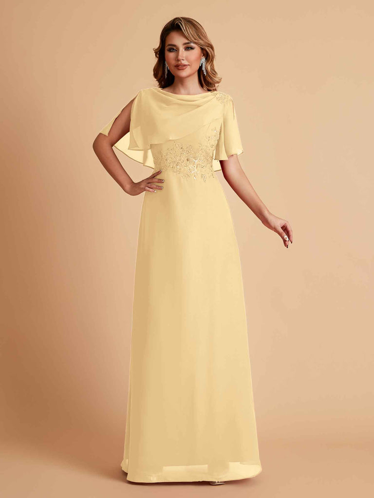Robes de mère de la mariée en mousseline de soie manches mi-longues et bijoux