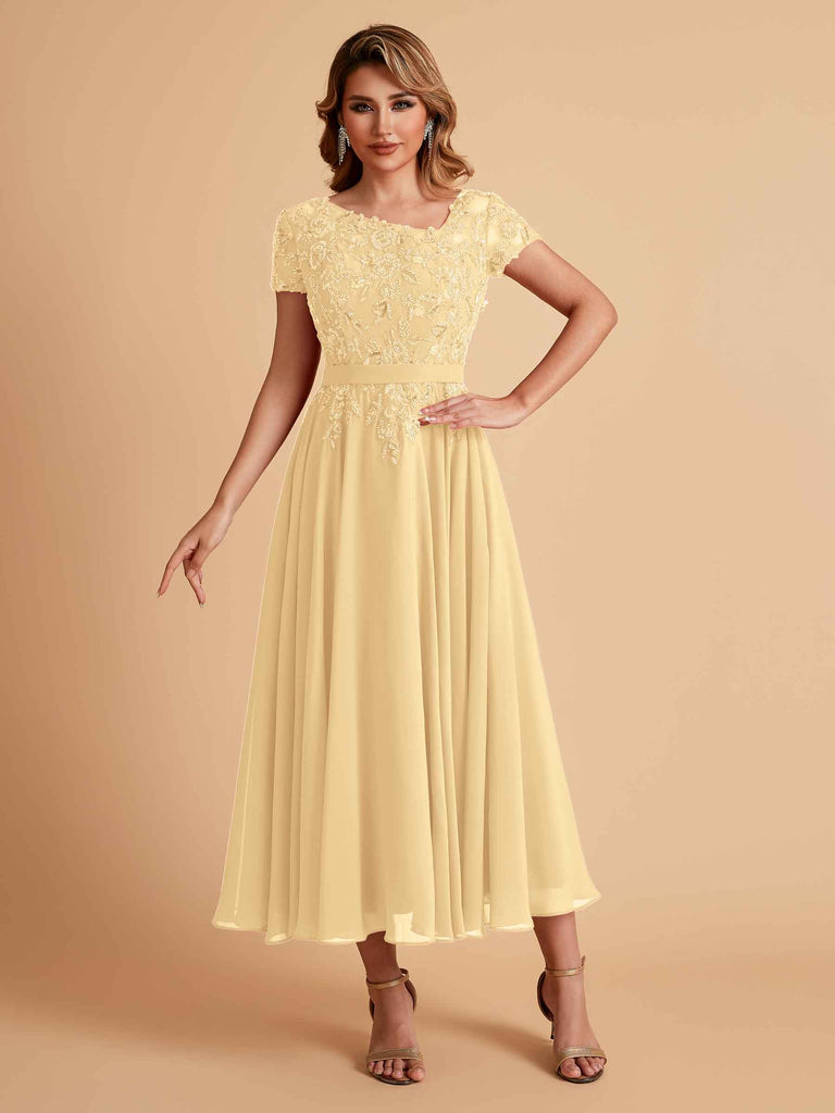 Robes de mère de la mariée coupe trapèze en mousseline à manches courtes