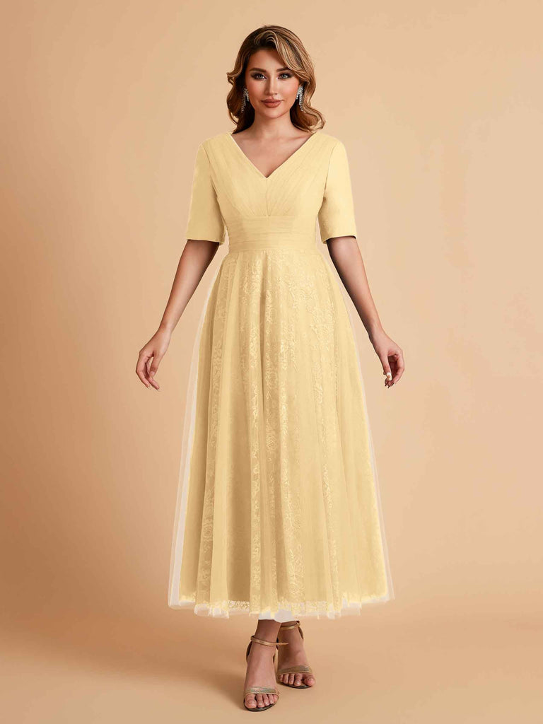 Robes de mère de la mariée élégantes manches mi-longues et col en V