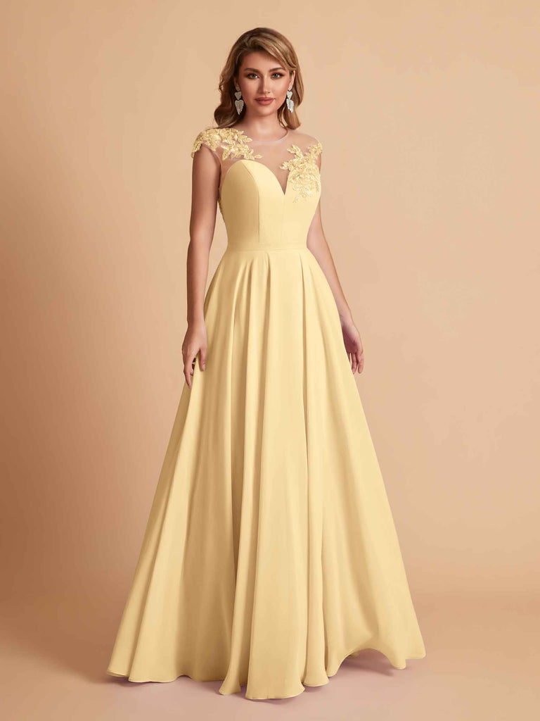 robes d'invitées de mariage en mousseline haut en dentelle illusion col en V