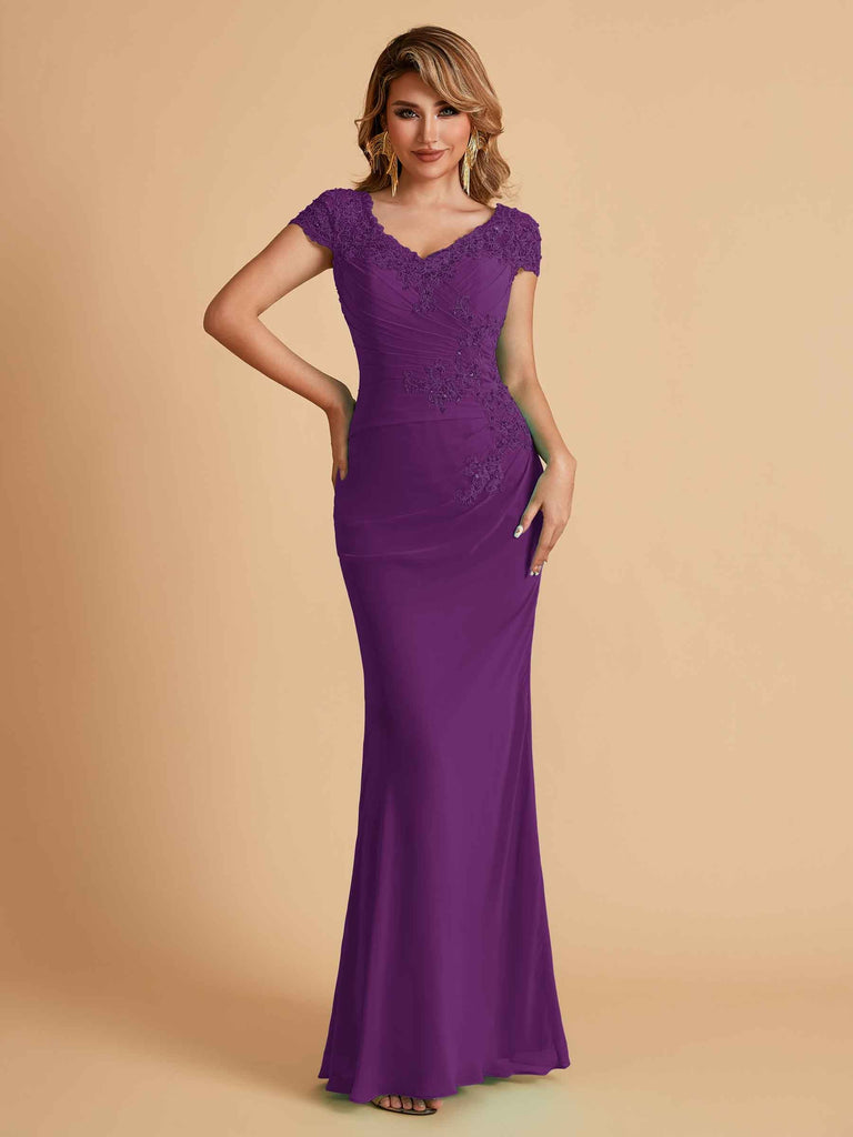 Robe de mère de la mariée col en V élégante en mousseline manches courtes