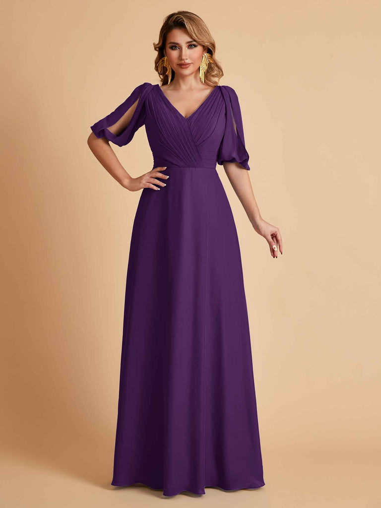 Robes de mère de la mariée élégantes en mousseline de soie manches mi-longues et col en V