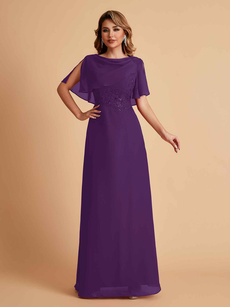 Robes de mère de la mariée en mousseline de soie manches mi-longues et bijoux