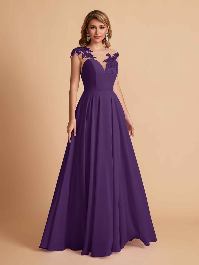 robes d'invitées de mariage en mousseline haut en dentelle illusion col en V