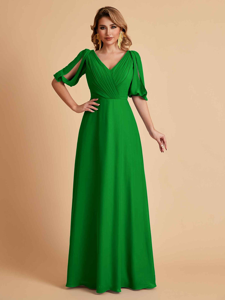 Robes de mère de la mariée élégantes en mousseline de soie manches mi-longues et col en V