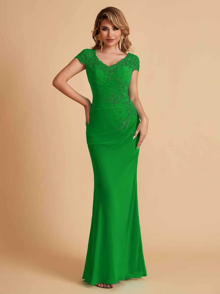 Robe de mère de la mariée col en V élégante en mousseline manches courtes