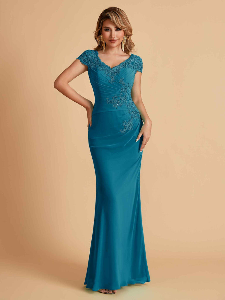Robe de mère de la mariée col en V élégante en mousseline manches courtes