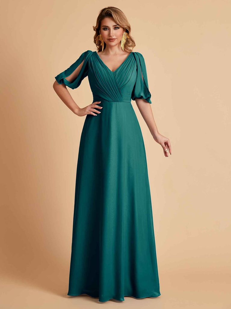Robes de mère de la mariée élégantes en mousseline de soie manches mi-longues et col en V
