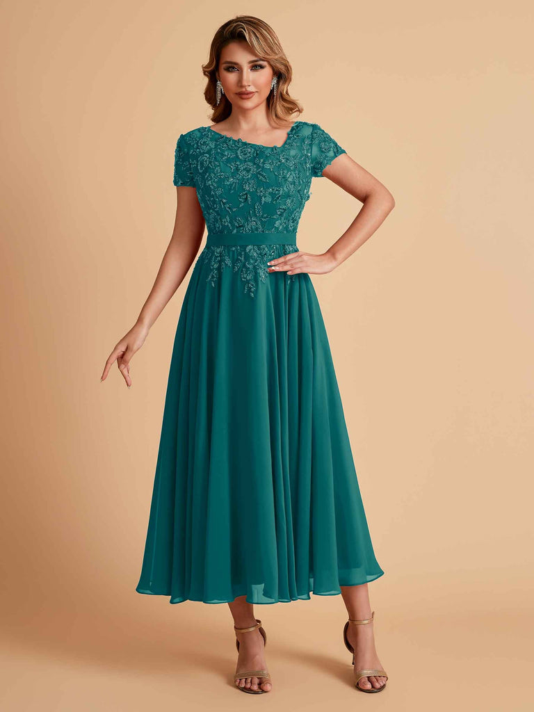 Robes de mère de la mariée coupe trapèze en mousseline à manches courtes