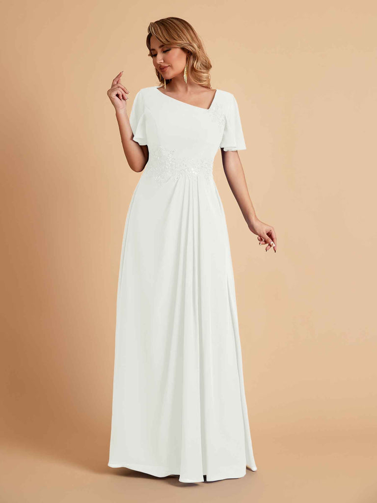 Robes de mère de la mariée élégantes coupe trapèze manches courtes et col en V