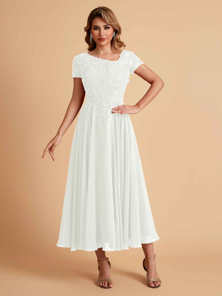 Robes de mère de la mariée coupe trapèze en mousseline à manches courtes