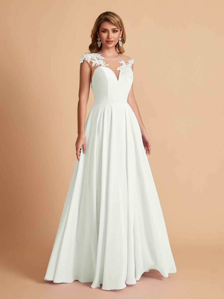 robes d'invitées de mariage en mousseline haut en dentelle illusion col en V