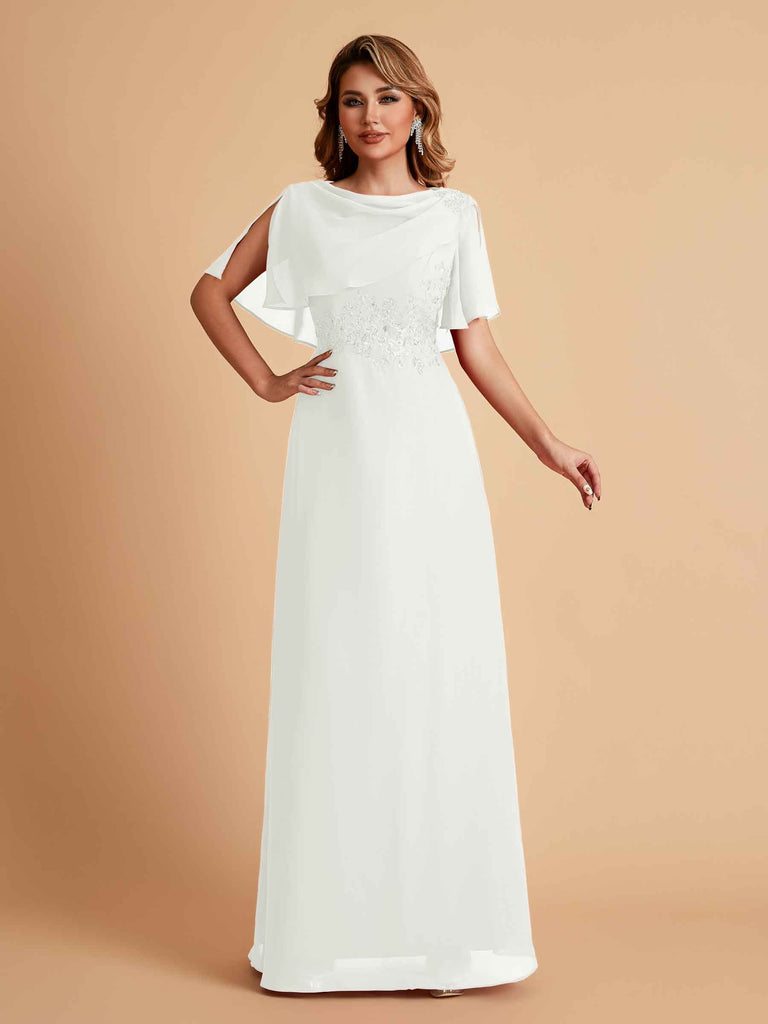 Robes de mère de la mariée en mousseline de soie manches mi-longues et bijoux