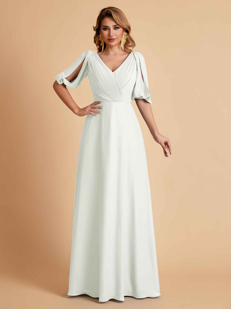Robes de mère de la mariée élégantes en mousseline de soie manches mi-longues et col en V