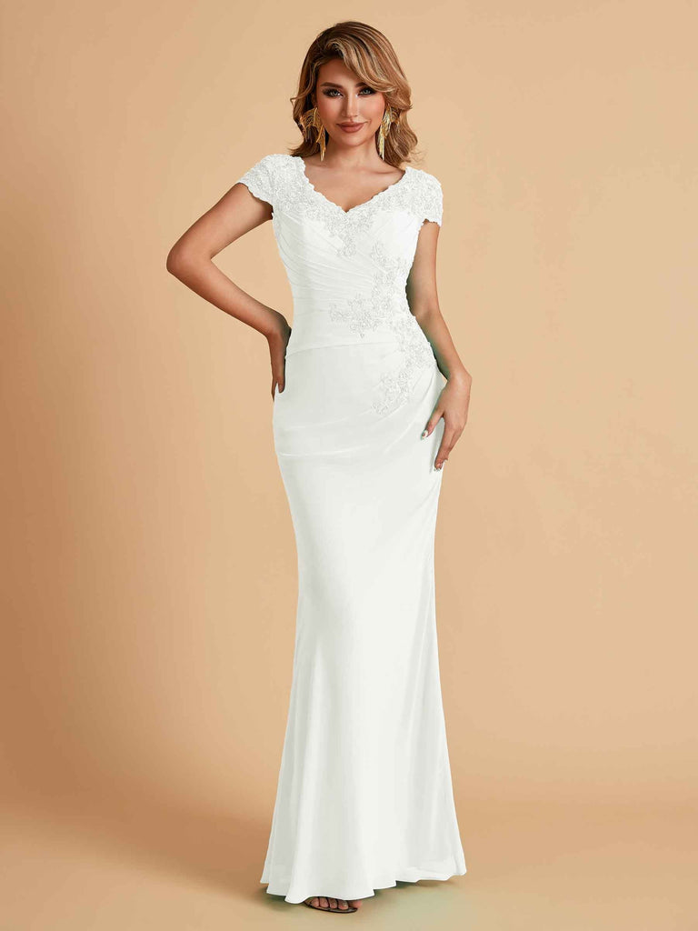Robe de mère de la mariée col en V élégante en mousseline manches courtes