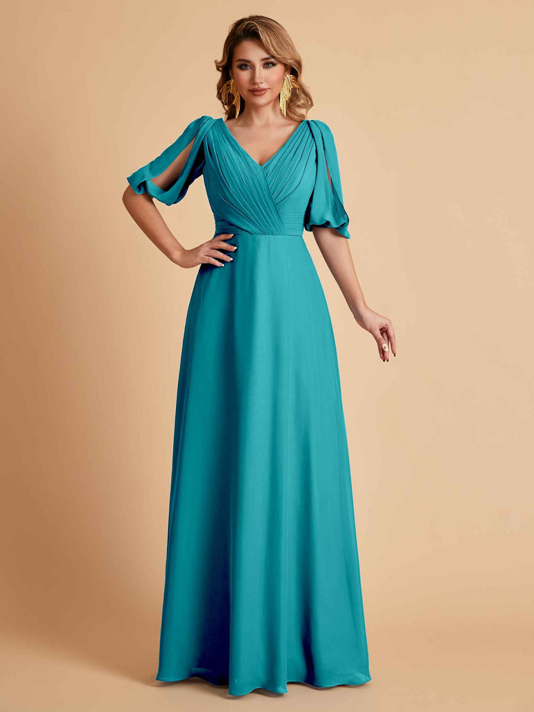 Robes de mère de la mariée élégantes en mousseline de soie manches mi-longues et col en V