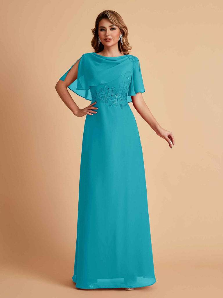 Robes de mère de la mariée en mousseline de soie manches mi-longues et bijoux