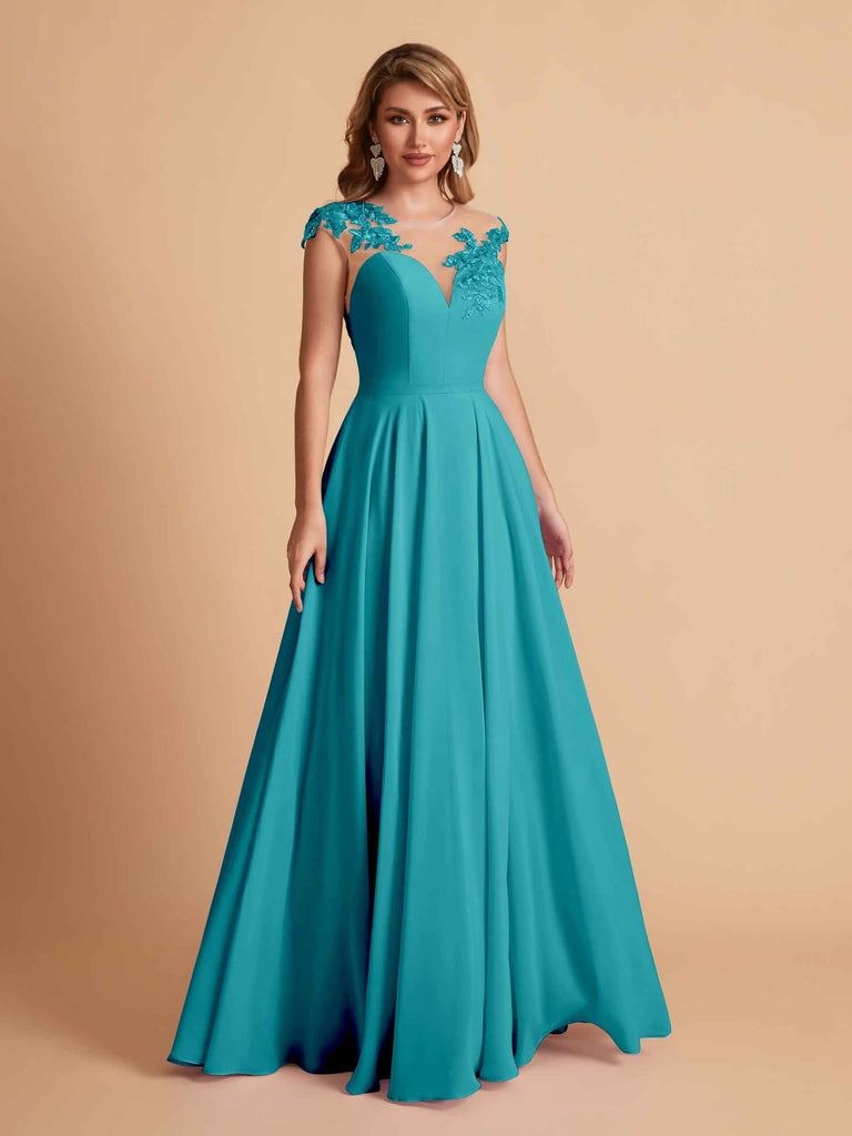 robes d'invitées de mariage en mousseline haut en dentelle illusion col en V