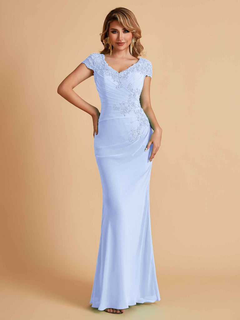 Robe de mère de la mariée col en V élégante en mousseline manches courtes