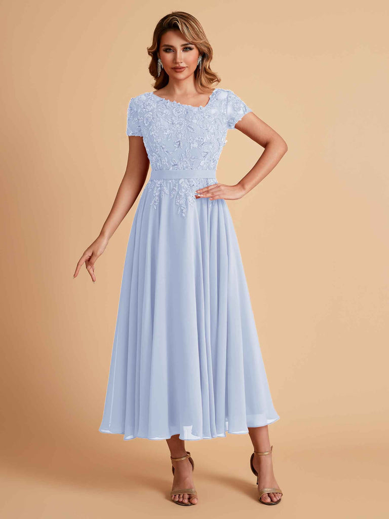 Robes de mère de la mariée coupe trapèze en mousseline à manches courtes
