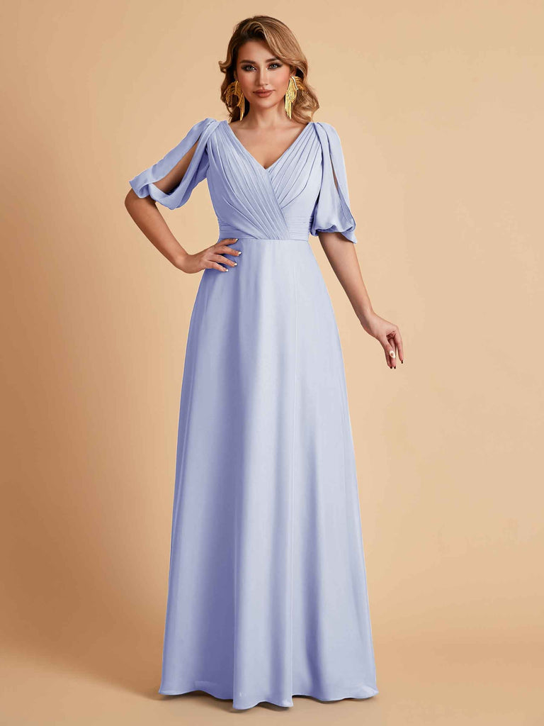 Robes de mère de la mariée élégantes en mousseline de soie manches mi-longues et col en V